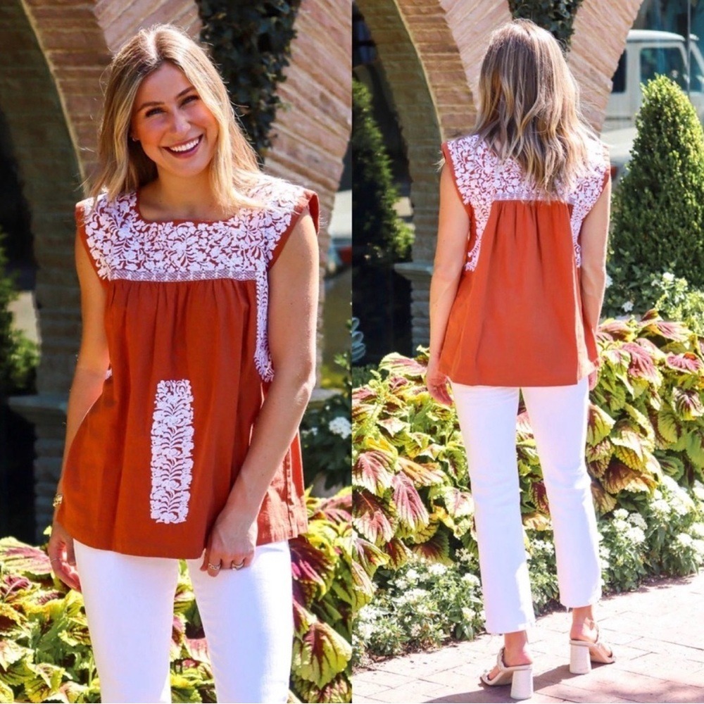 J.Marie The Heath Top Orange White Embroidered Boho Blouse XS‎